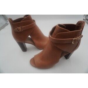 Vince Camuto Venica Cutout Tan Leather Peep Toe Block Heel Ankle Boots Size 11 M